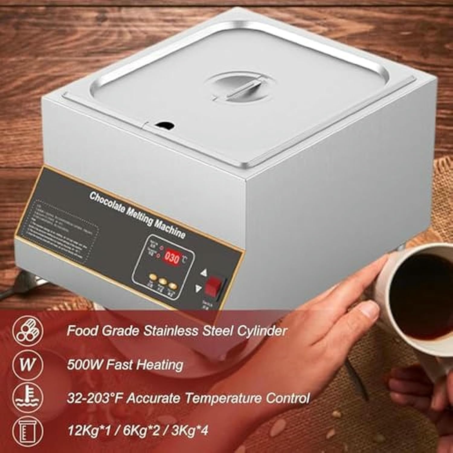 Commercial Chocolate Tempering Machine with Lid and Temperature Limiter, Electric Melting Pot for Milk Coffee Cheese, 4Tank Capacity image 3