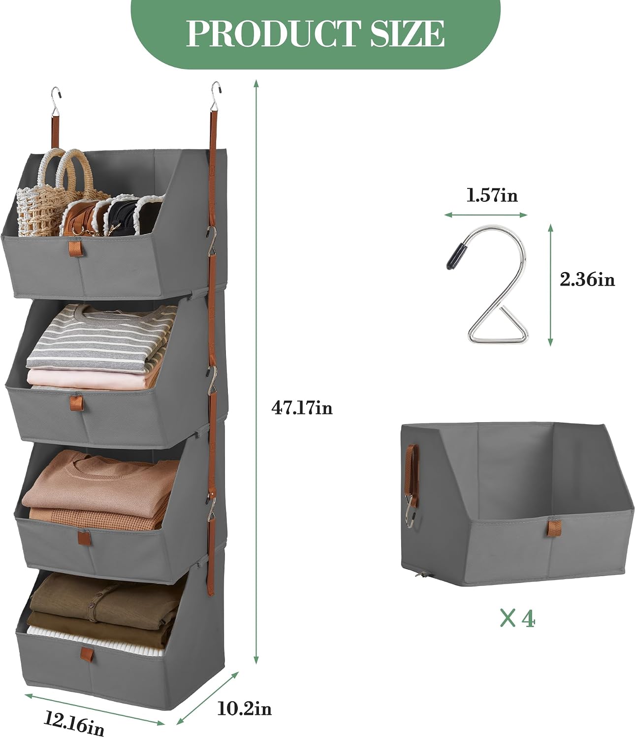 PrecisionAuto Space-Saving 4-Tier Hanging Closet Organizer – Non-Woven Fabric Storage Shelves with Collapsible Baskets – Sturdy Wardrobe System for Bedroom, Dorm, RV – 2 Pack, Gray