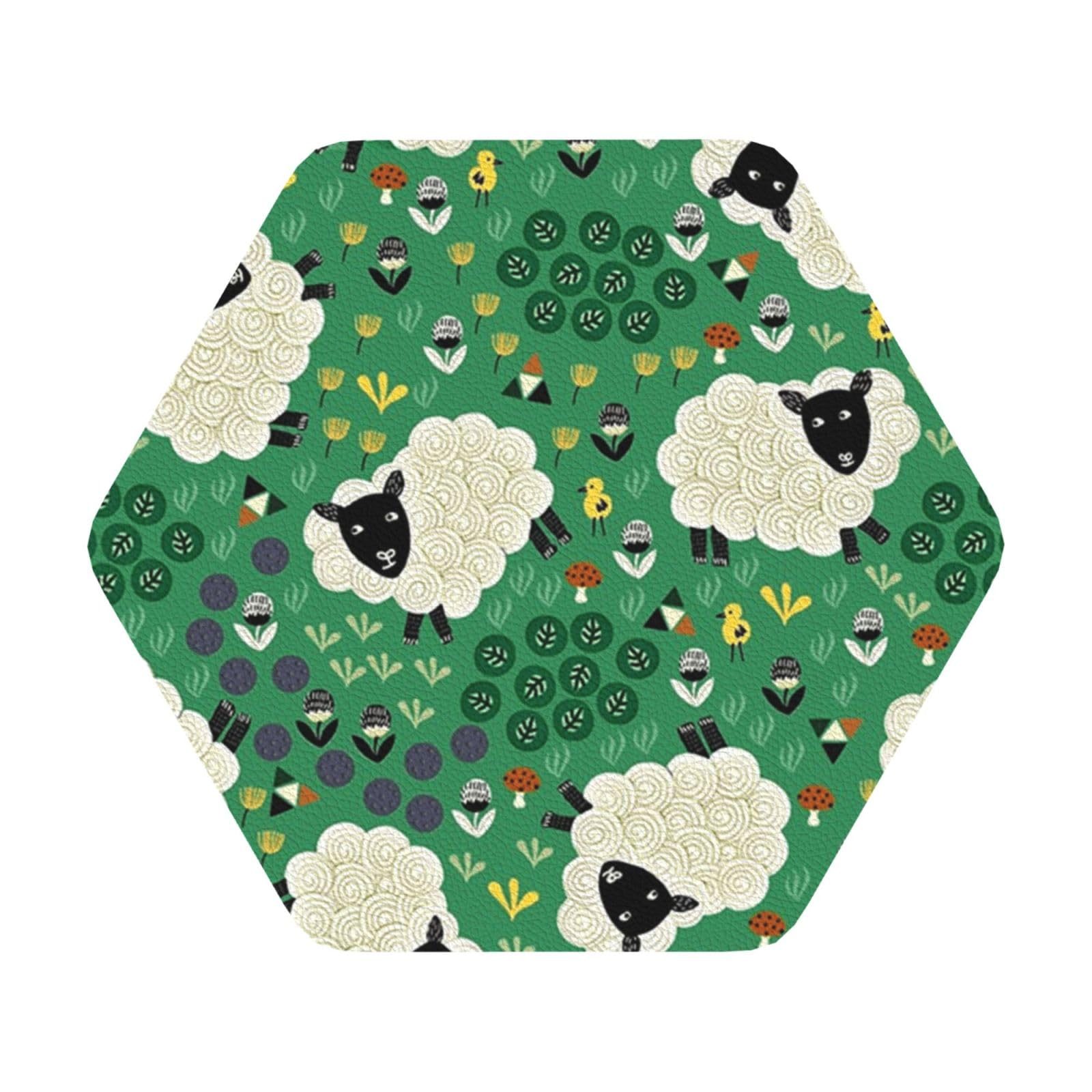 Cute Cartoon Sheep PU Leather Coasters Set of 6 Hexagon Drink Coasters
