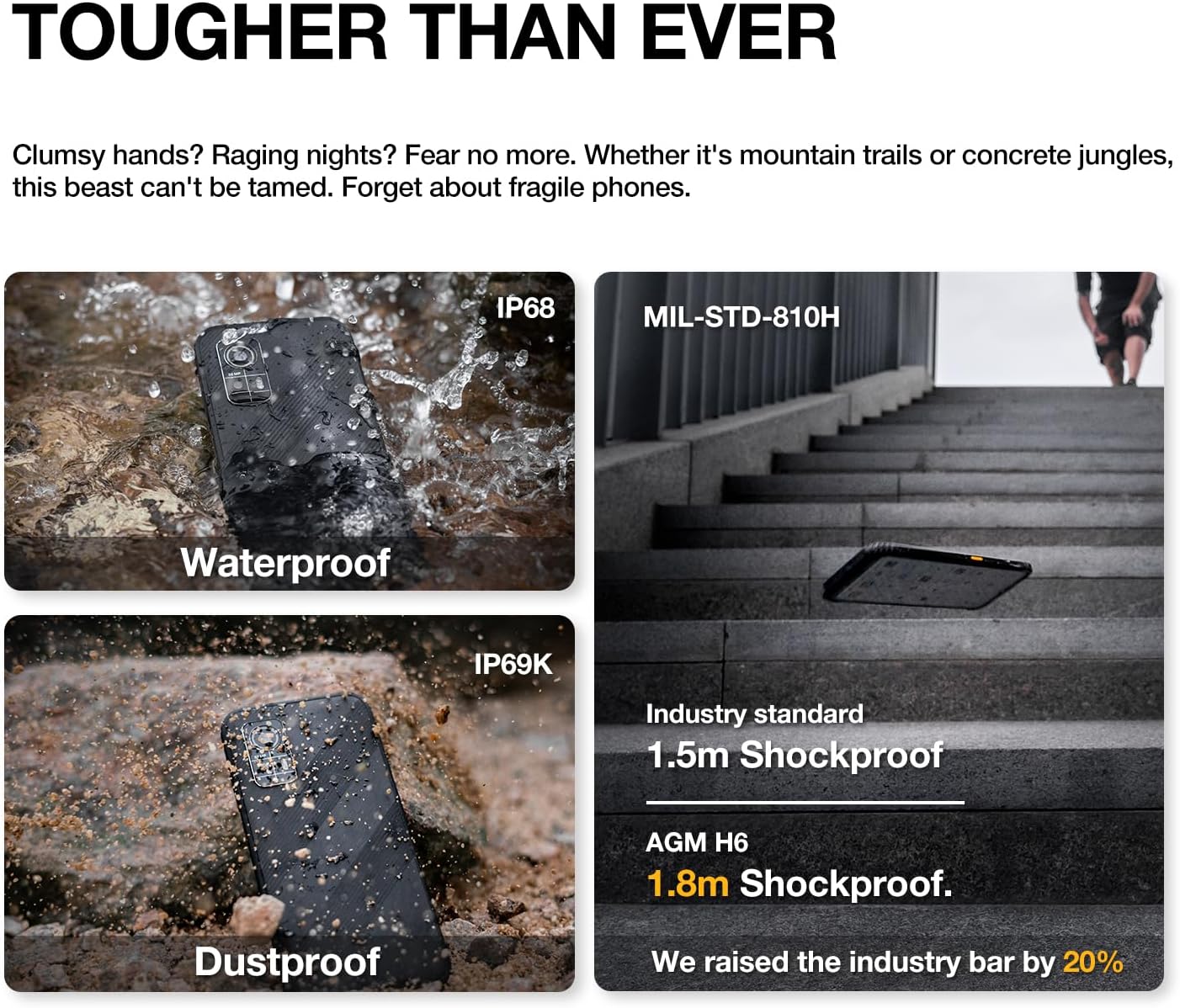 Images demonstrating the AGM H6's waterproof and dustproof capabilities, with IP68 and IP69K ratings, and 1.8m shockproof rating.