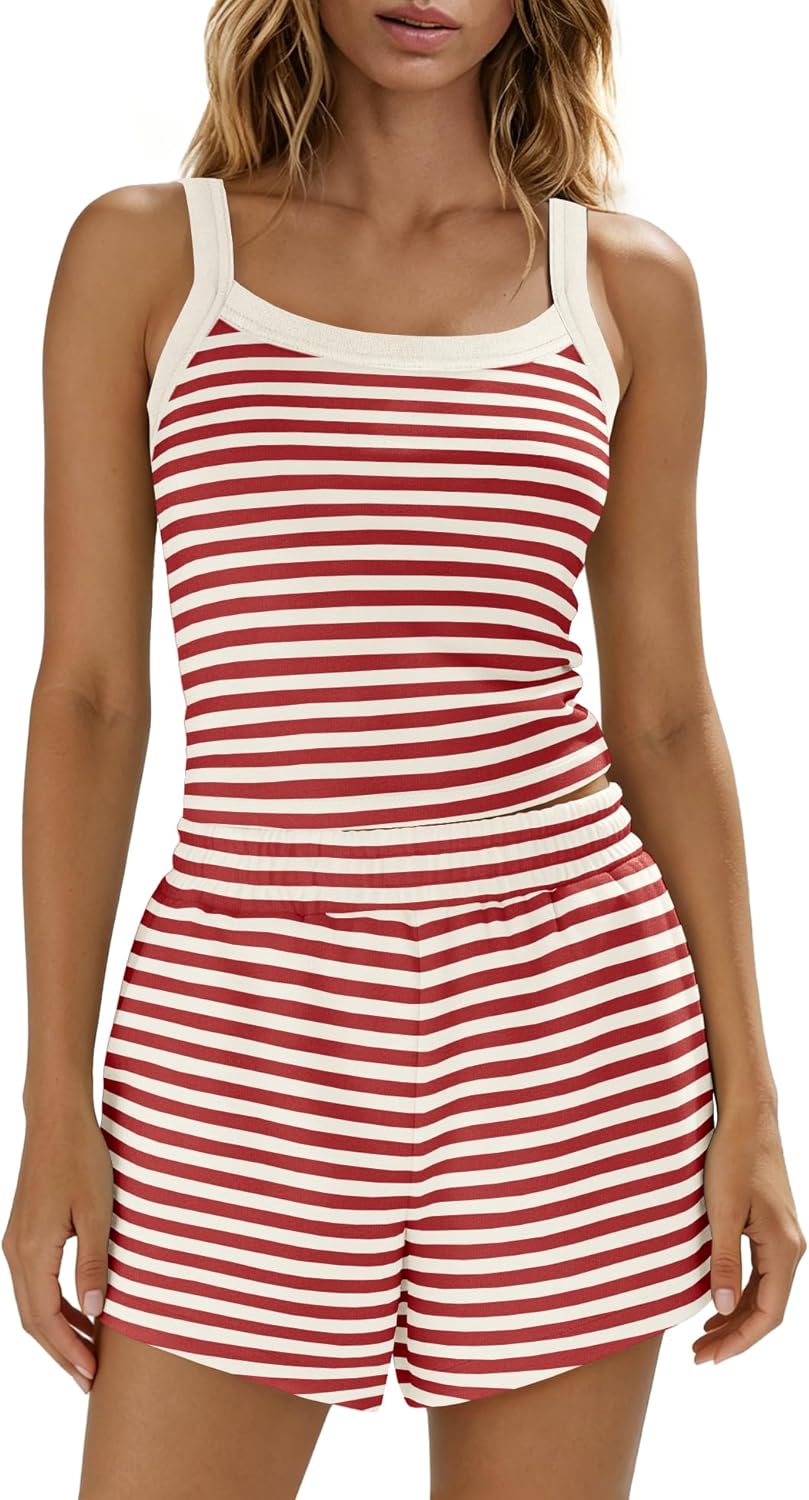 Yanekop Womens Striped Lounge Set 2 Piece Short Sets Summer Matching Pajamas Loungewear Tank Top and Shorts With Pockets