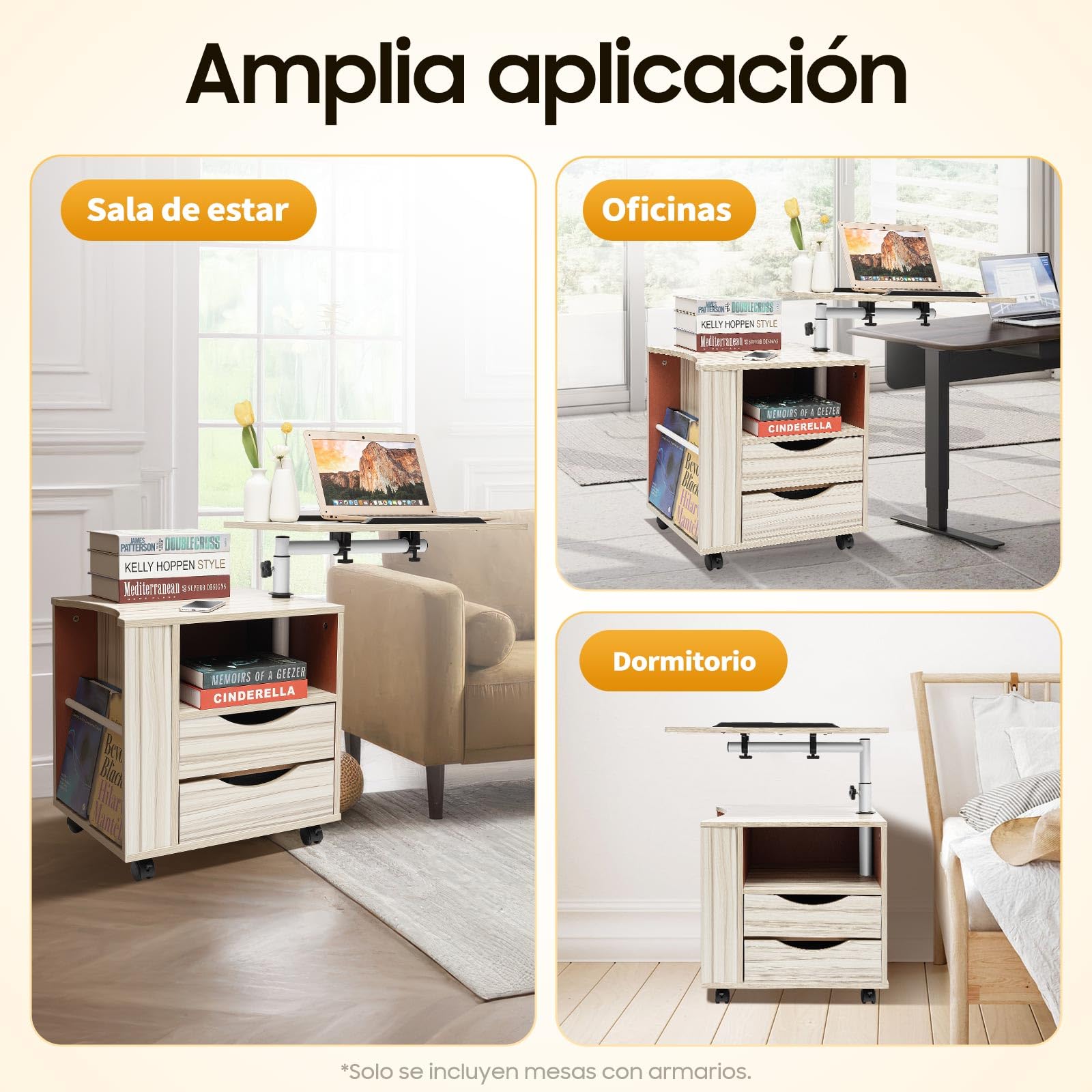 Comodino con altezza regolabile, 50 x 40 x 70-90 cm, comodino con cassetti e ripiani aperti, tavolino mobile con ruote, per camera da letto, soggiorno
