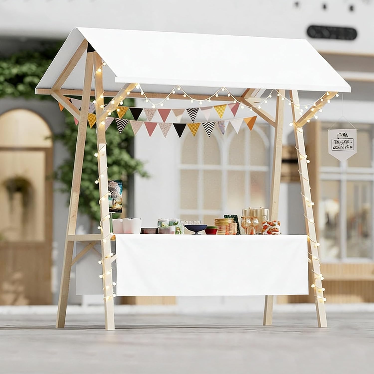 Portable Food Cart with Canopy, Outdoor Vendor Cart Wooden Lightweight Farmers Market Stalls, Foldable Vendor's Stall for Market, Street Food & Events(White,120cm/47.2in)