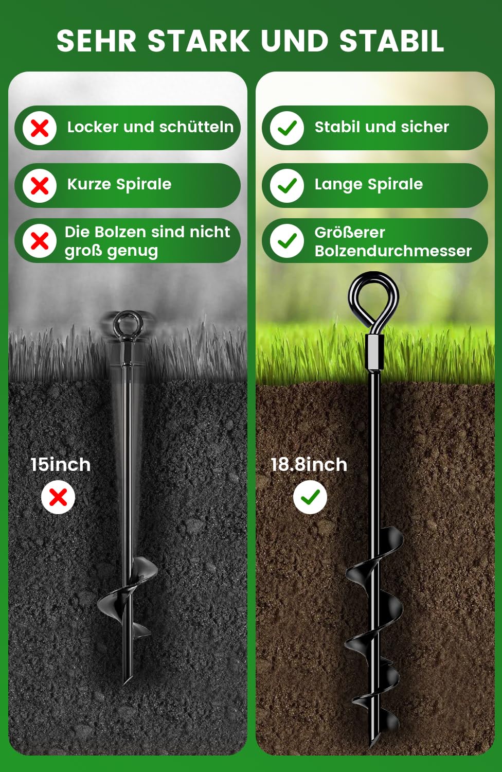 Lot de 4 piquets d'ancrage au sol de 48 cm avec sangles résistantes, ancrages au sol à visser dans le sol pour tentes, balançoires, auvents, particulièrement stables et faciles à installer