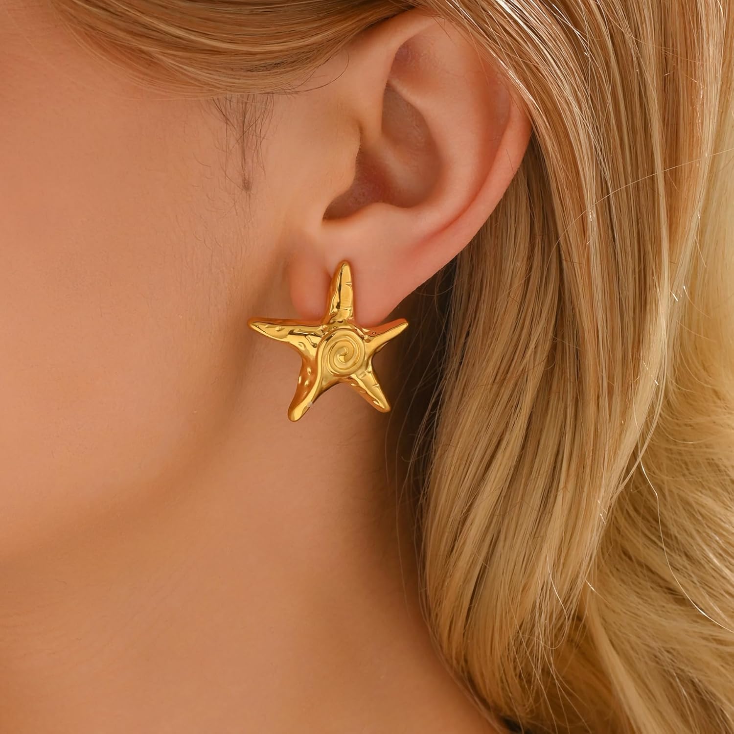 18K Gold Plated Irregular Geometric Spiral Earrings for Women Round Swirl Starfish Chunky Vintage Stud Earrings Statement Trendy Summer Holiday Earring Jewelry - Image 2