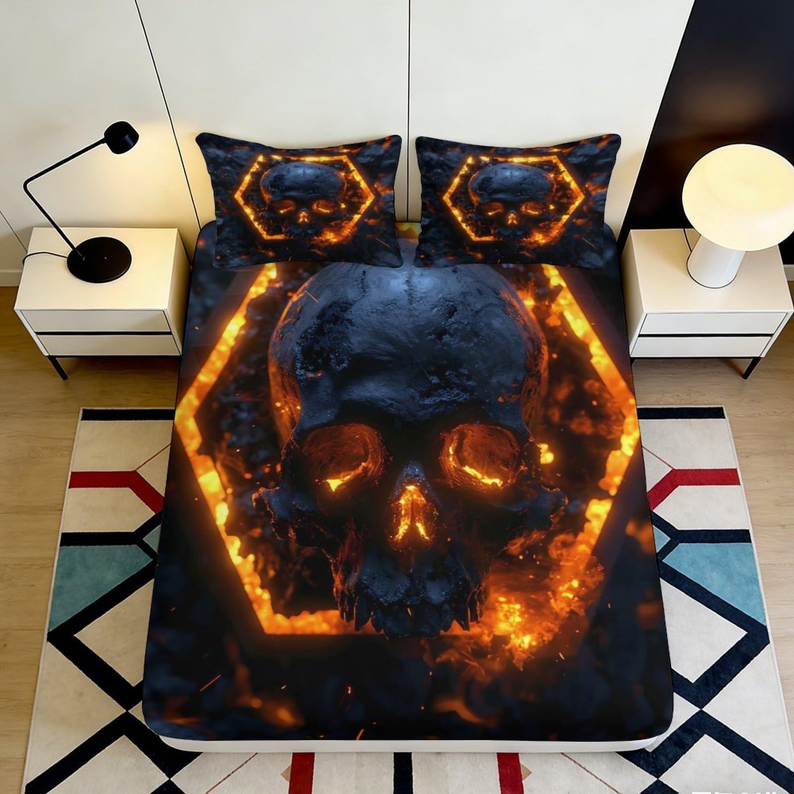 3D Printed Flame Skull Fitted Sheet Soft Microfiber Deep Pocket Non-Slip Bedding Flame Skull Mattress Fitted Cover Washable 160x200x25cm