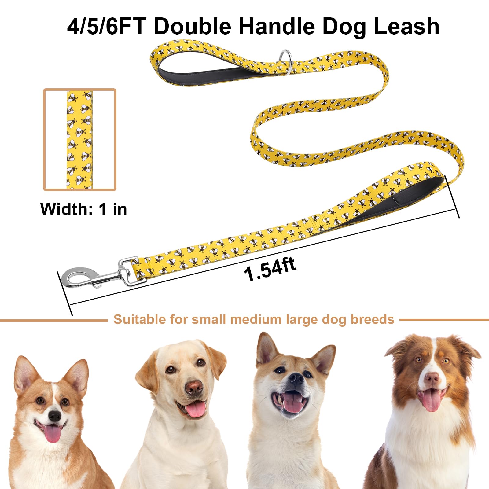 Hundeleine mit zwei gepolsterten Griffen, strapazierfähige, starke Nylon-Hundeleine mit weichem Neoprengriff für kleine, mittelgroße und große Hunde, gelbe Biene