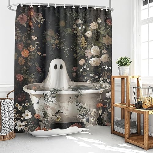 Miniatura 3 de Cortina de ducha de Halloween con diseño de fantasma, para bañera, bosque de flores, cortina de ducha para baño, academia oscura, tina fantasma,