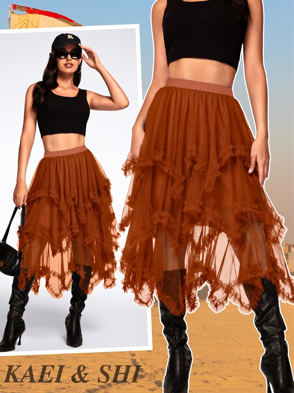 Kaei&Shi Long Tulle Skirt,High Waisted Asymmetrical Ruffle Skirts for Women,Renaissance Fairy Costume Concert Birthday Party