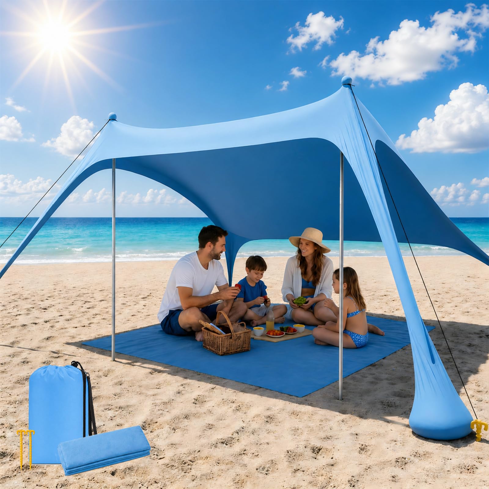 Strandzelt mit Strandmatte, LSF 50+ Hochschutz, 2x2x2m, inkl. Sandanker, Alu-Stangen & Tragetasche, Perfekt für Camping, Angeln, Garten, Picknick und Strand, Himmelblau