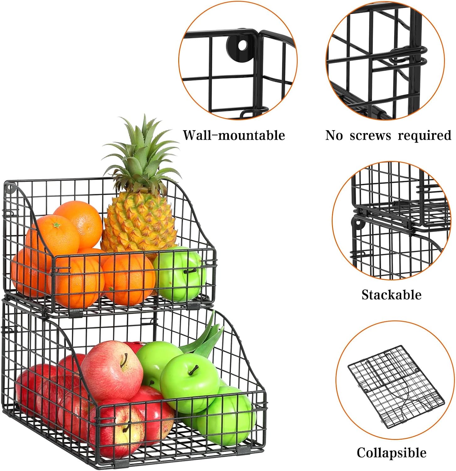 X-cosrack 2 Tier Stackable Wire Baskets, Countertop Veggies Storage Potato Onion Pantry Organizer Snack Holder for Kitchen Cabinet Produce