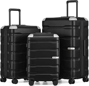 Coolife 3-Piece Polycarbonate Hardside Luggage Set, Black