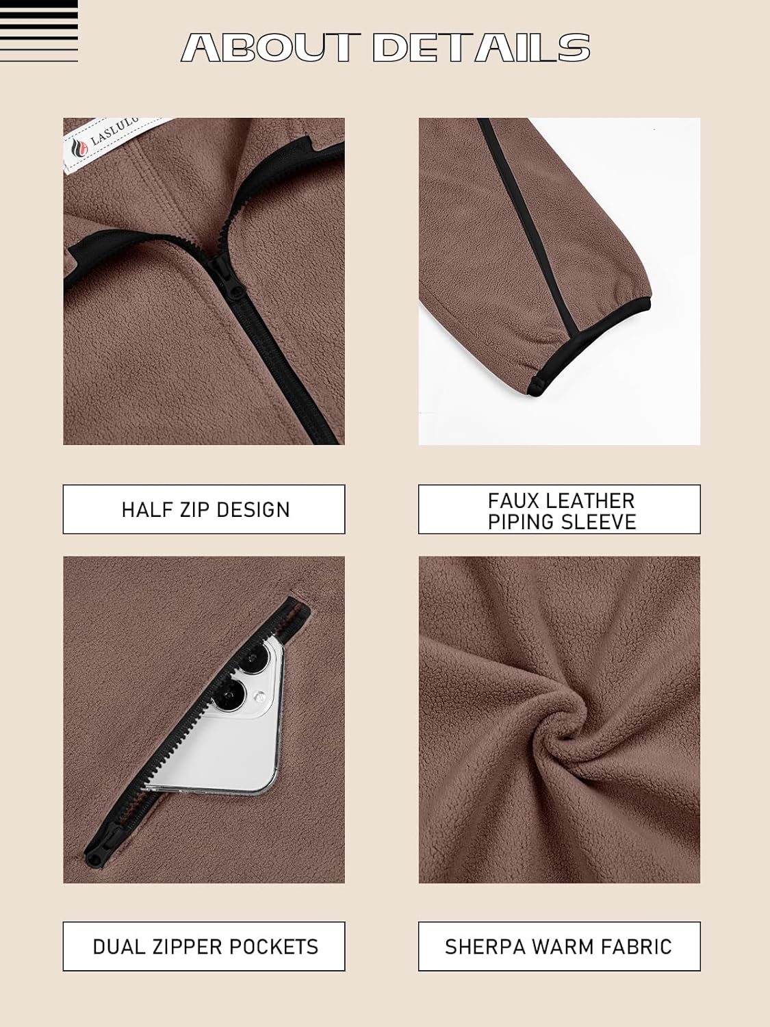 LASLULU Womens Half Zip Pullover Sweatshirt Sherpa Fleece Jacket Oversized Sweatshirts Warm Fuzzy Sweaters Pockets - Image 5