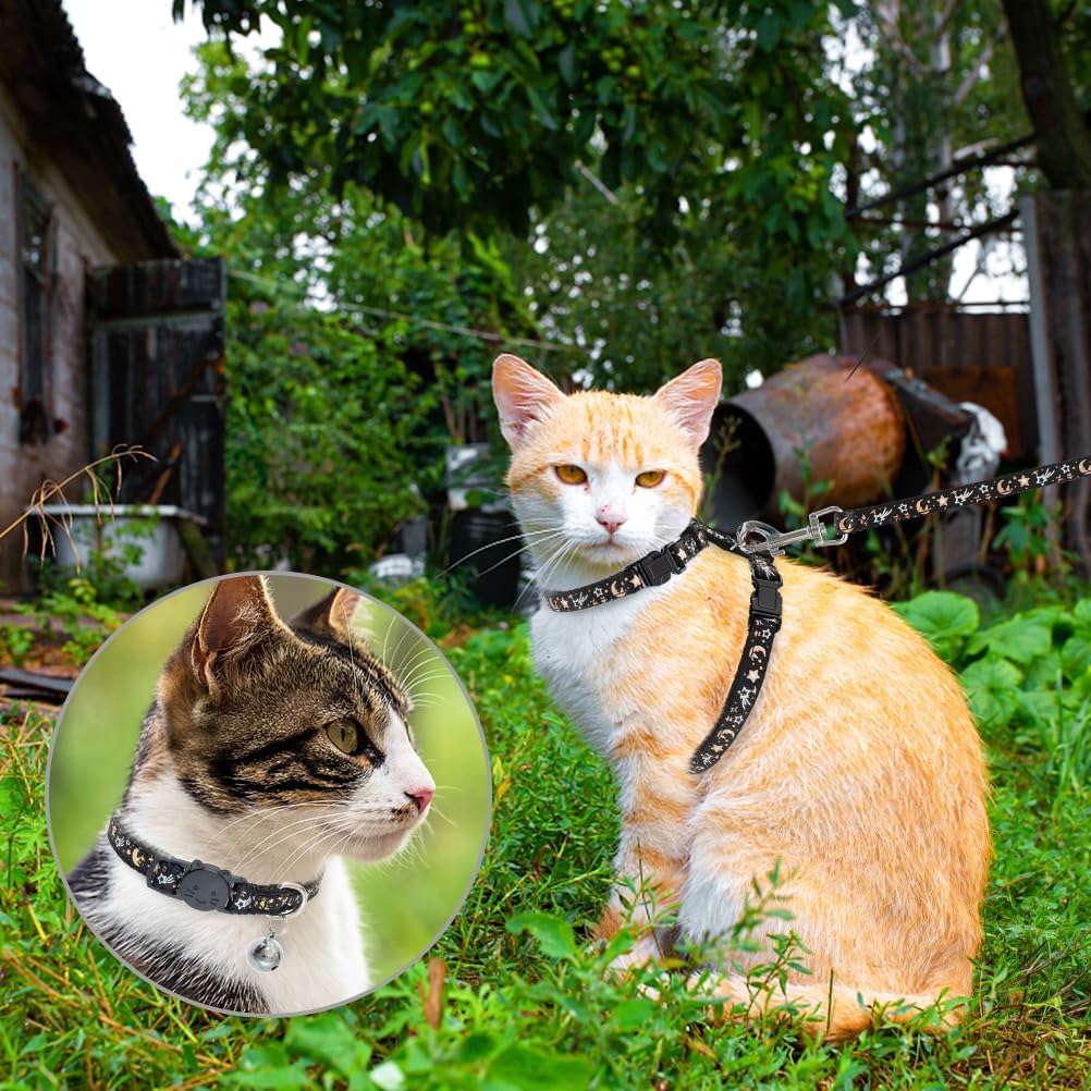 PAWCHIE Uprząż dla kota ze smyczą i obrożą – ochrona przed ucieczką, regulowana uprząż dla kota z wzorem gwiazdy i księżyca, świecąca w ciemności dla kotka na spacery na świeżym powietrzu
