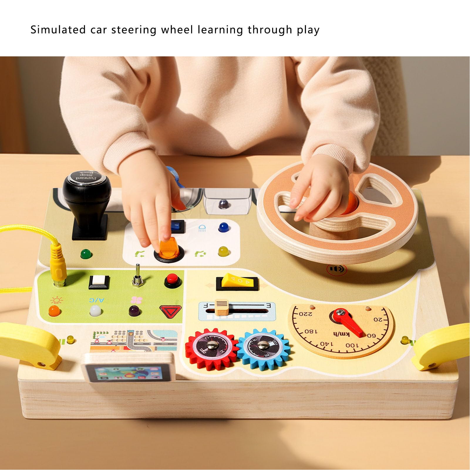 Holz-Lenkrad-Spielzeug, Helles LED-Sensorbrett für Kleinkinder ab 3 Jahren, Lindenholz-Material, 30 X 21,5 X 8,5 cm