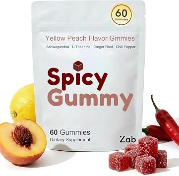 ZAB Spicy Gummies Cubes Ashwagandha 45mg with L-Theanine & Caffeine Energy, Calm & Mood Support Gummies for Couples Vegan Yellow Peach Flavor, 60 Count