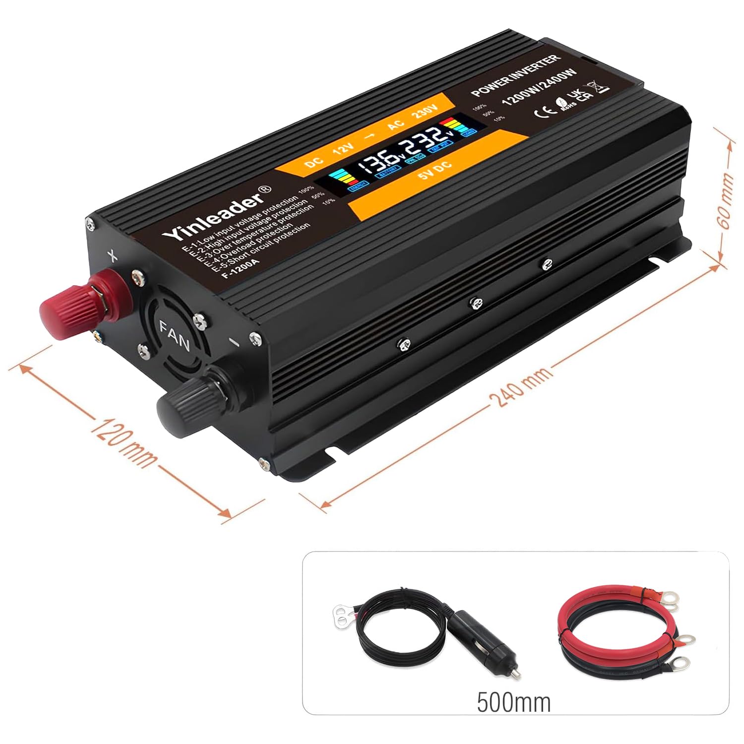 Yinleader Trasformatore di tensione 1200 W/2400 W 12 V 230 V Inverter Dual USB Power Inverter con 1 presa e display LCD, per auto, roulotte, barca, campeggio, viaggi