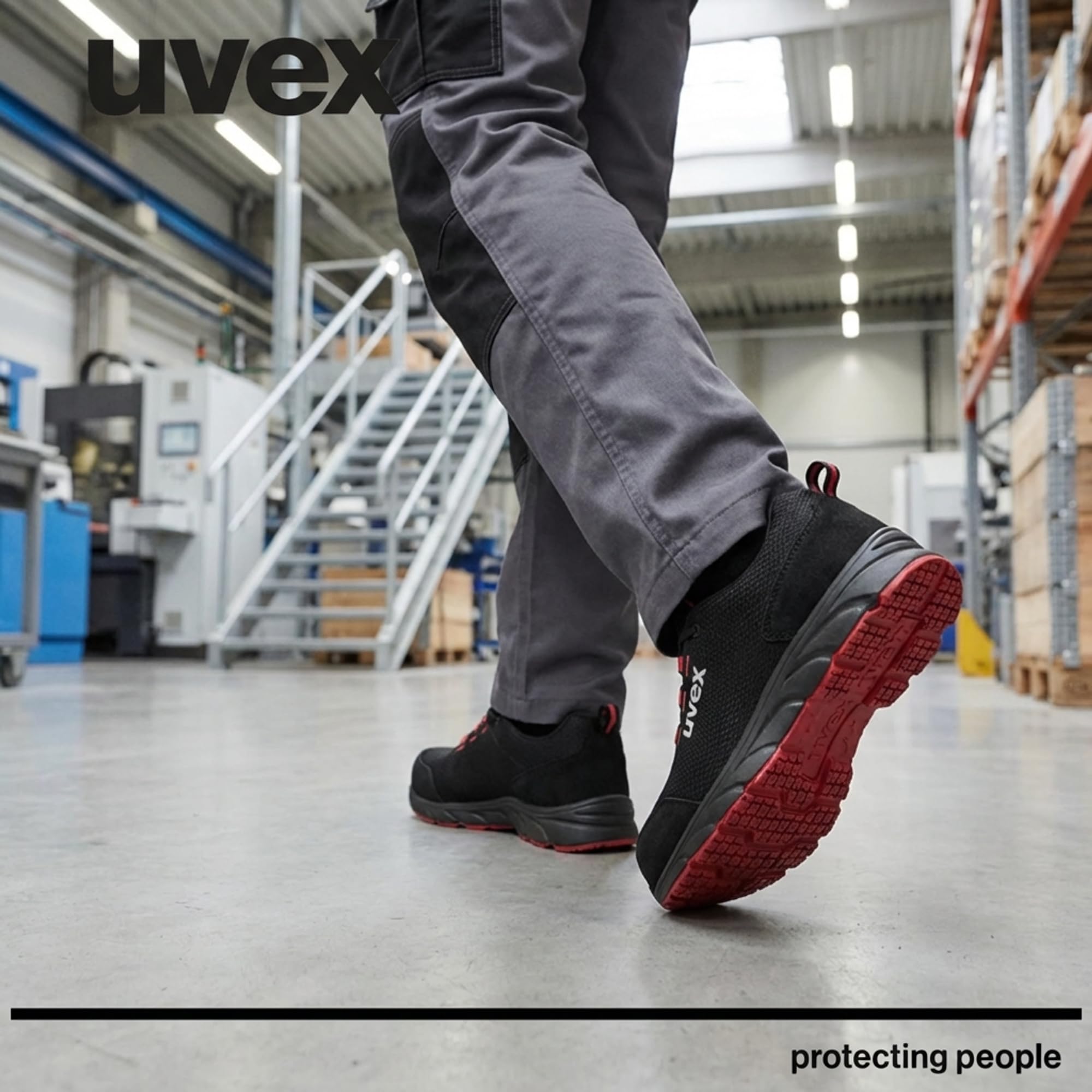 Uvex 1 x Dynam-x S1 PL buty ochronne – bez metalu, wyjątkowo lekkie i oddychające – męskie i damskie – antypoślizgowe – czarne/czerwone – szerokość 11