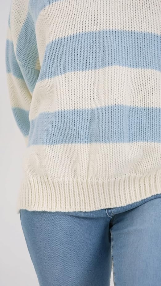 Women's Chunky Knit Sweater - Oversized Crewneck, Puff Sleeves, Stripe Pattern (White-Pink-Light Blue) - View #4