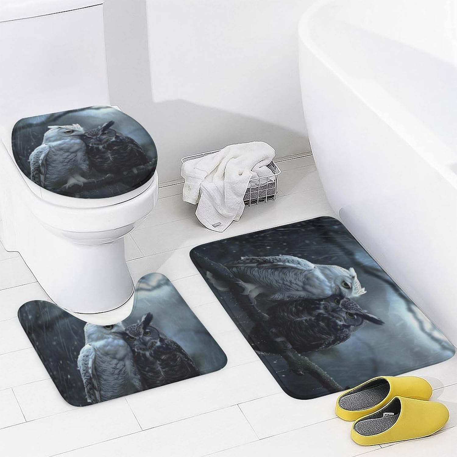 4Pcs Lovely Owl Moon Shower Curtain Set with Toilet Lid Cover Non-Slip Rugs for Bathroom, Black Night Branch Bird Shower Curtain Bathroom Sets with Hooks, 72x72 Inch