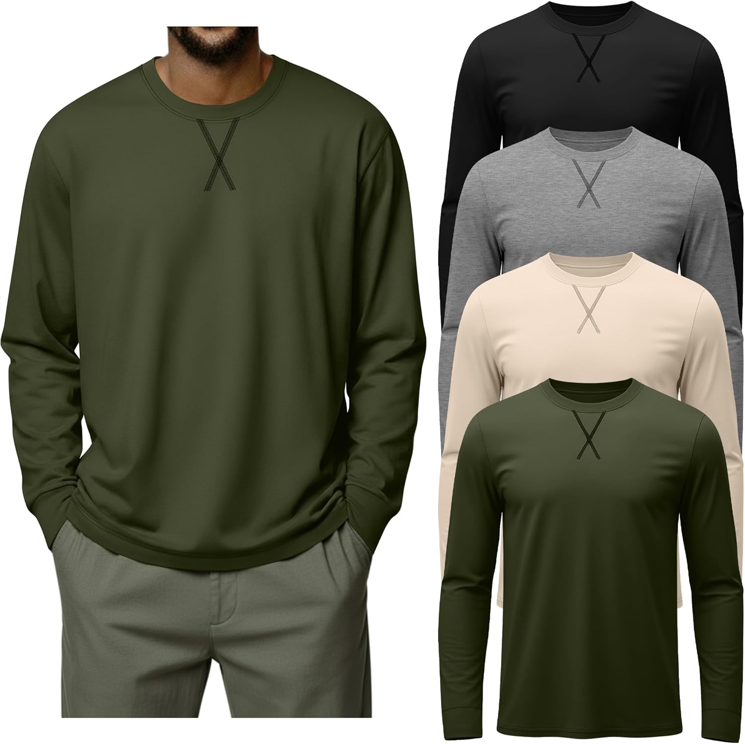 4 Pack Men's Big and Tall Shirts Fall Hipster Embroidered Long Sleeves Plain Oversize Tee Plus Size Casual Tops