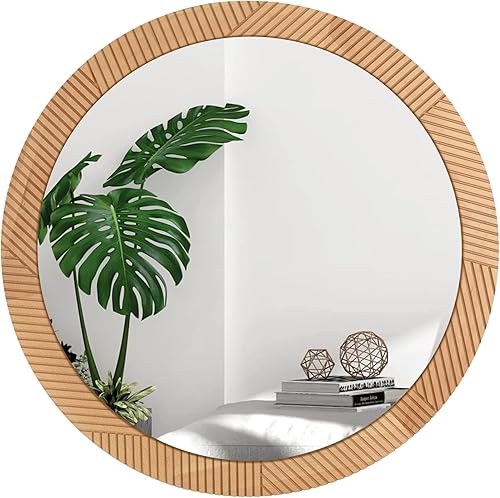 Miniatura 6 de CULER Espejos redondos de pared de 24 pulgadas, espejo decorativo rústico de madera con marco de haya para pared, espejo canalizado de granja para