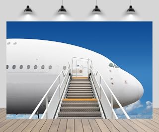 7x5ft Airplane Boarding Backdrop Modern Aircraft Boarding Steps Airport Apron Sunset Background Summer Holiday Travel Birthday Wedding Party Decor Photo Booth Studios Props Wallpaper