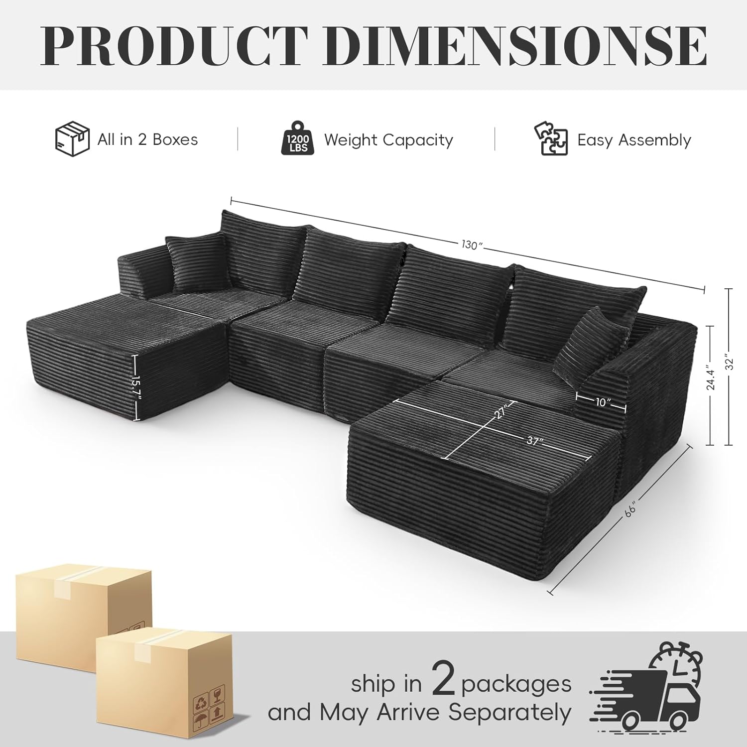 130" Modular Sectional Sofa,Modular Cloud Sofa,U-Shaped Cloud Couch with High-Density Foam & Corduroy Fabric,Boneless Couch Deep Seat Couch for Living Room Apartments Bedroom No Assembly Required ﻿ | Ready-to-Use, Durable Corduroy, Modular, Multi-Box Delivery, Reconfigurable