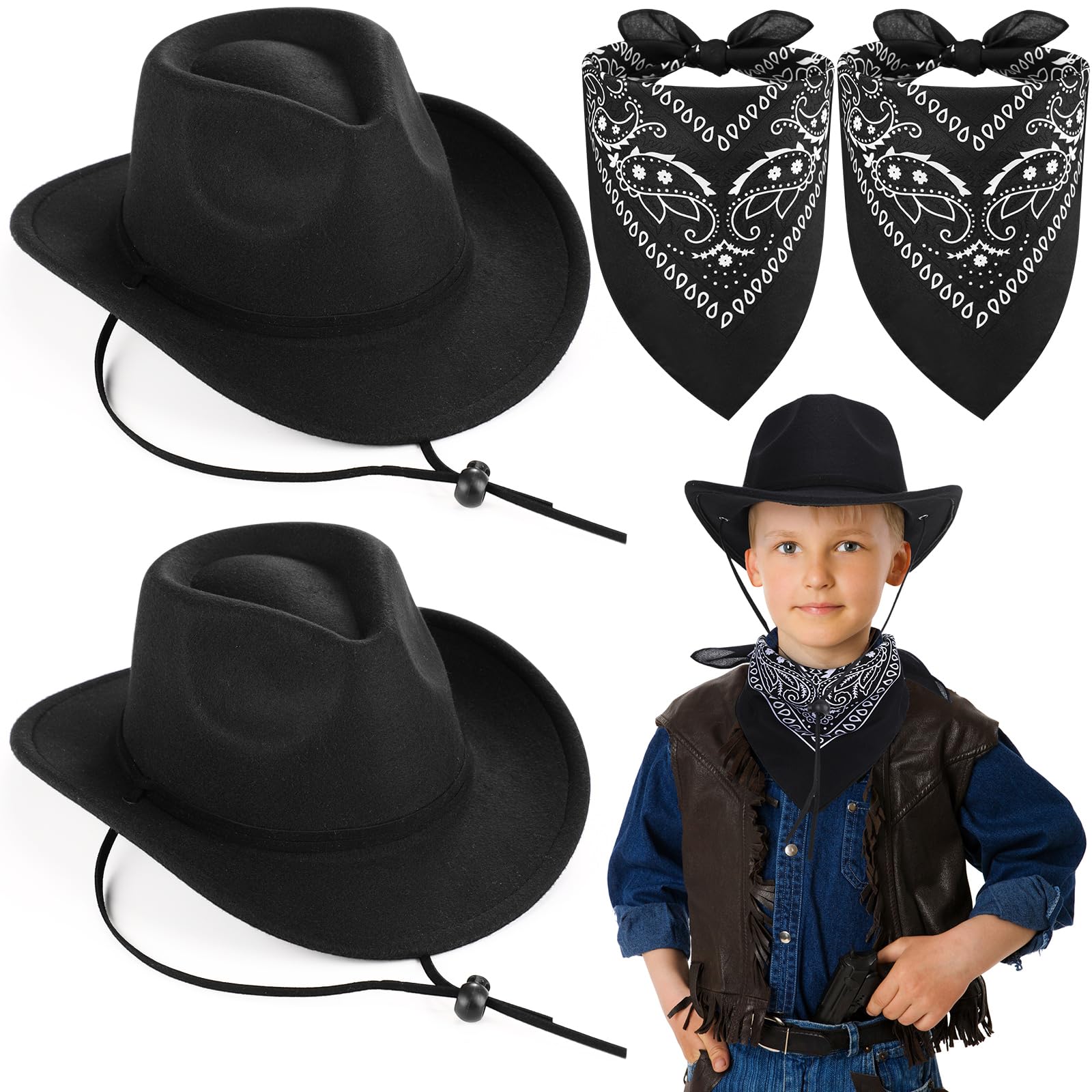 Xtinmee 2 Sets Kids Black Cowboy Hats with Paisley Bandanas