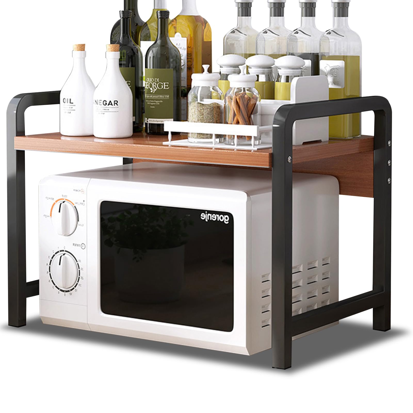 Beauenty 2 Tier Microwave Oven Rack, Extendable Carbon Steel Microwave Shelf with 6 Hooks for Kitchen Countertop Organizer (Style 6)