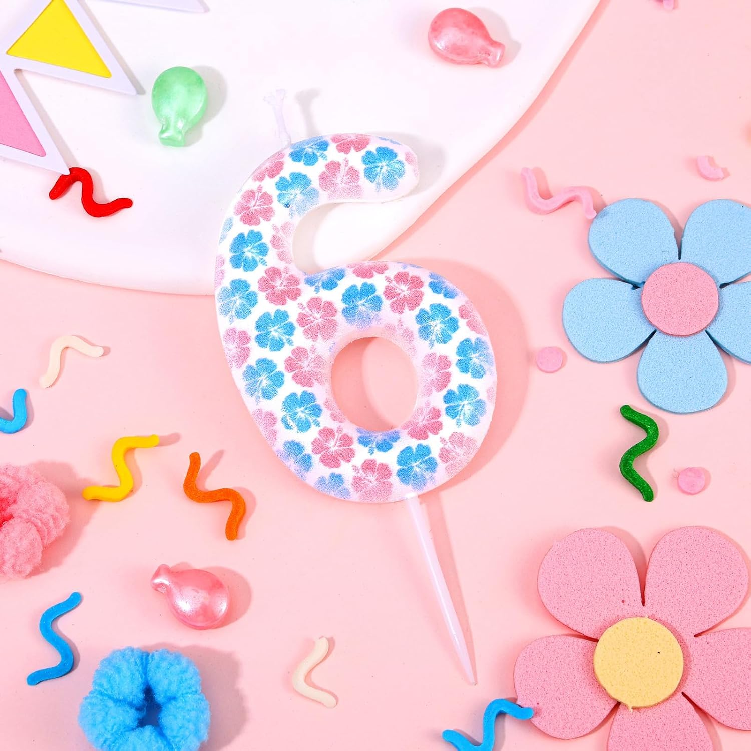 Birthday Candle 6th Flower Candle Number 6 Candle Pink and Blue Cake Toppers for Boys Girls Kids Birthday Cartoon Party Celebrations Decorations Hawaii (Number 6) image 3