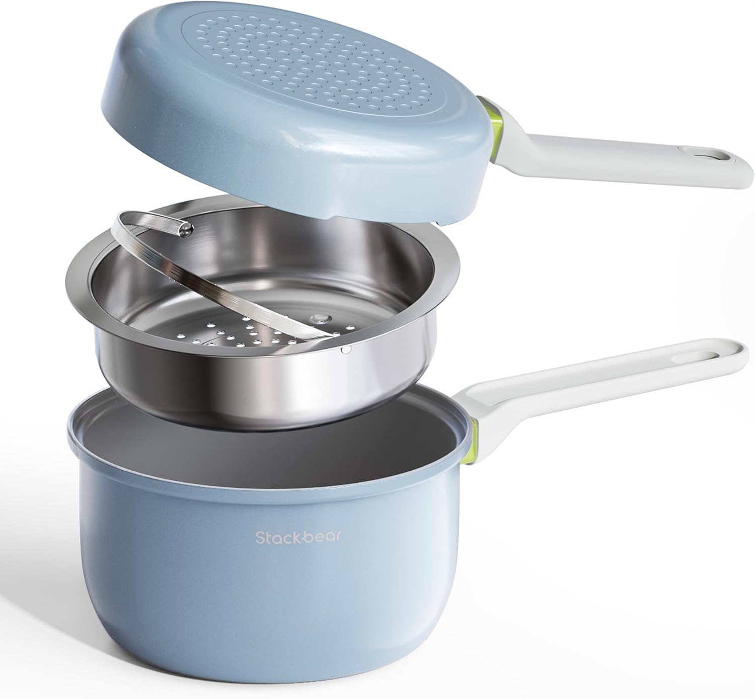 Ceramic Non Stick Sauce Pan, 2.5QT Saucepan with Frying Pan as Lid, Steamer Pot for Cooking, Induction Cookware Set, PTFE, PFOA & PFAS Free, Light Blue