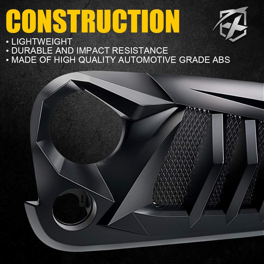 Xprite Matte Black Front Grill Grid Grille w/Mesh Compatible with Jeep Wrangler Rubicon Sahara Sport JK 2007-2018