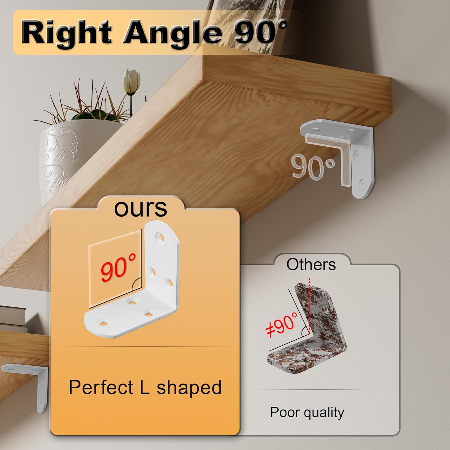 Alise 4Pcs Shelf Brackets White, Stainless Steel Floating Shelf Brackets Corner Brackets, L Brackets for Shelves, 90 Degree Angle Bracket, Heavy Duty Shelf Brackets for Wood Furniture (2.56X2.56 in)