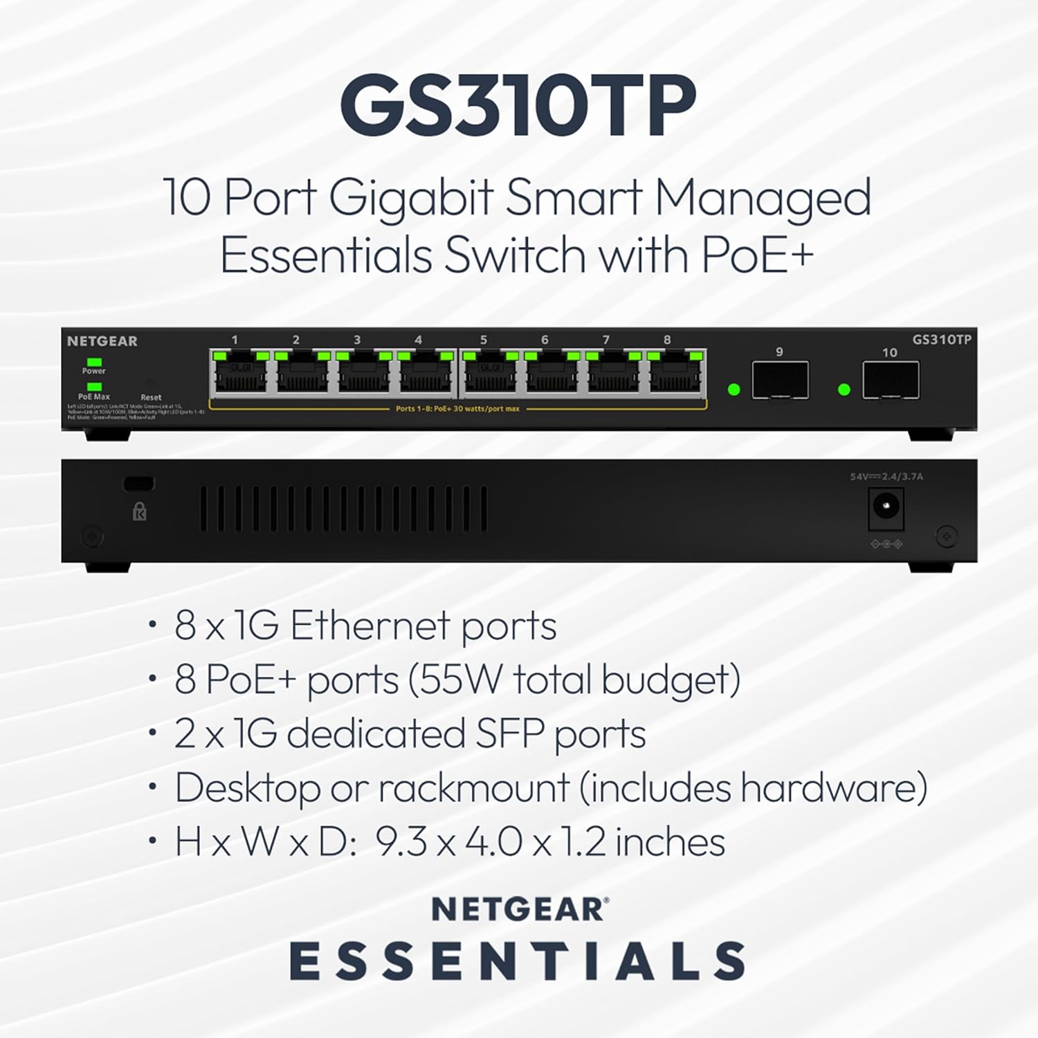 NETGEAR S350 Series 10-Port Gigabit Ethernet PoE+ Smart Managed Essentials Switch – 8 x 1G PoE+ @ 55W, 2 x 1G Dedicated SFP – Desktop or Wall-Mount (GS310TPv2)