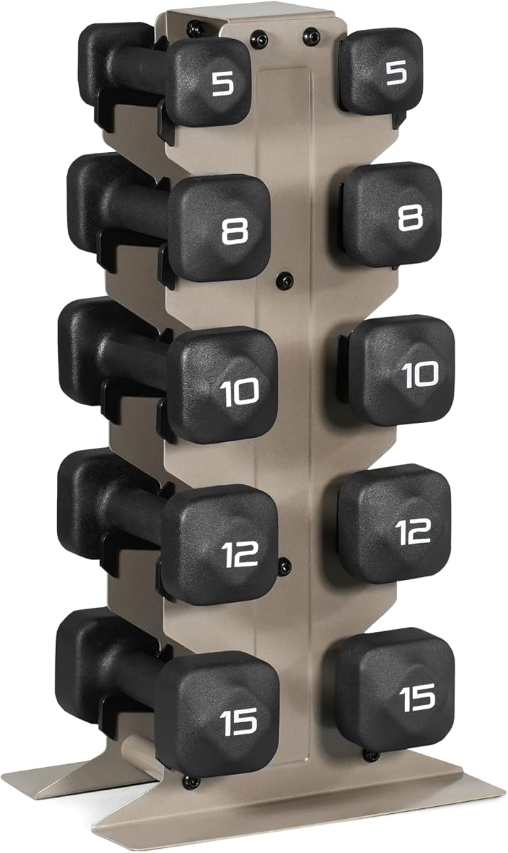 Tone Fitness Juego de mancuernas de neopreno con estante de almacenamiento – Pesas de mano antideslizantes y antivuelco para entrenamientos de gimnasio en casa | Opciones de 20 lb, 32 lb, 50 lb, 60 lb y 100 lb