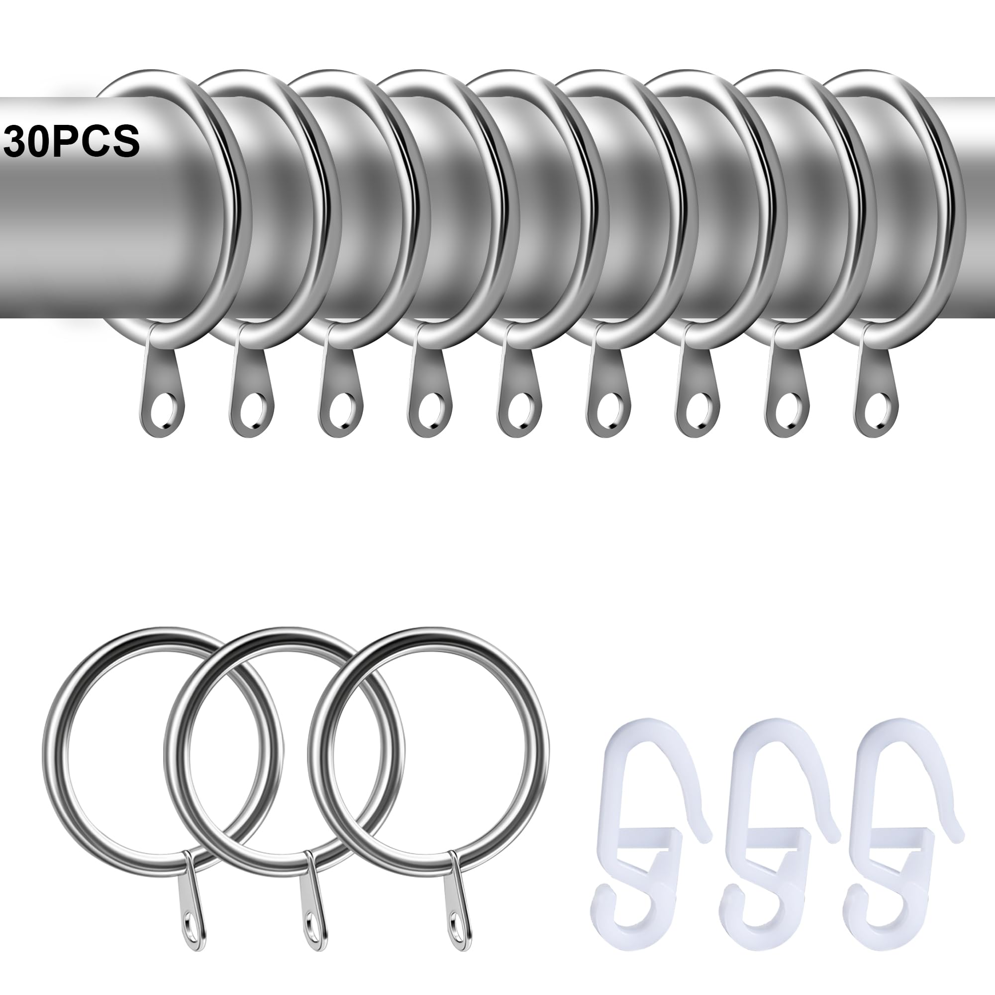 SZWLJ 30PCS 32mm Internal Diameter Curtain Rings, Silver Metal Material