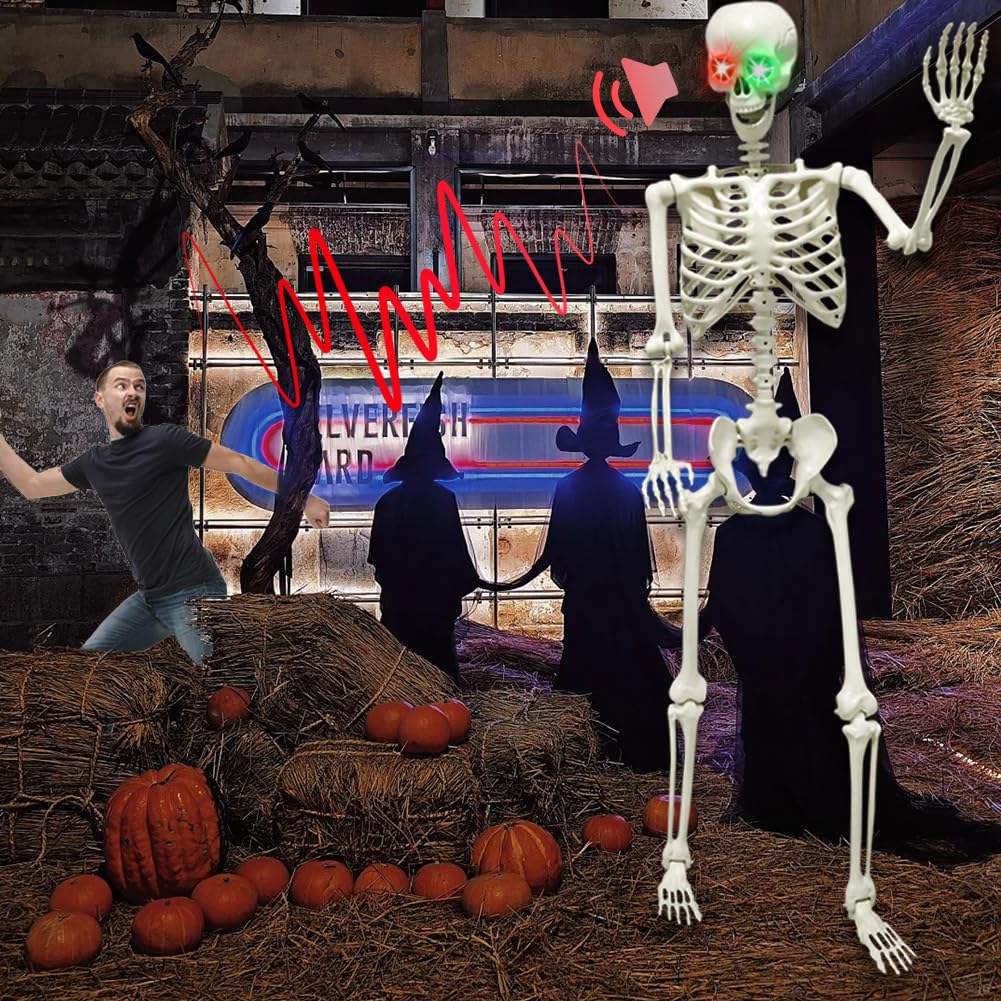 Esqueleto de Halloween de 165 cm, esqueleto de cuerpo completo con capa negra, huesos humanos de tamaño real para Halloween, patio delantero, patio, césped, jardín, accesorios de decoración de fiesta