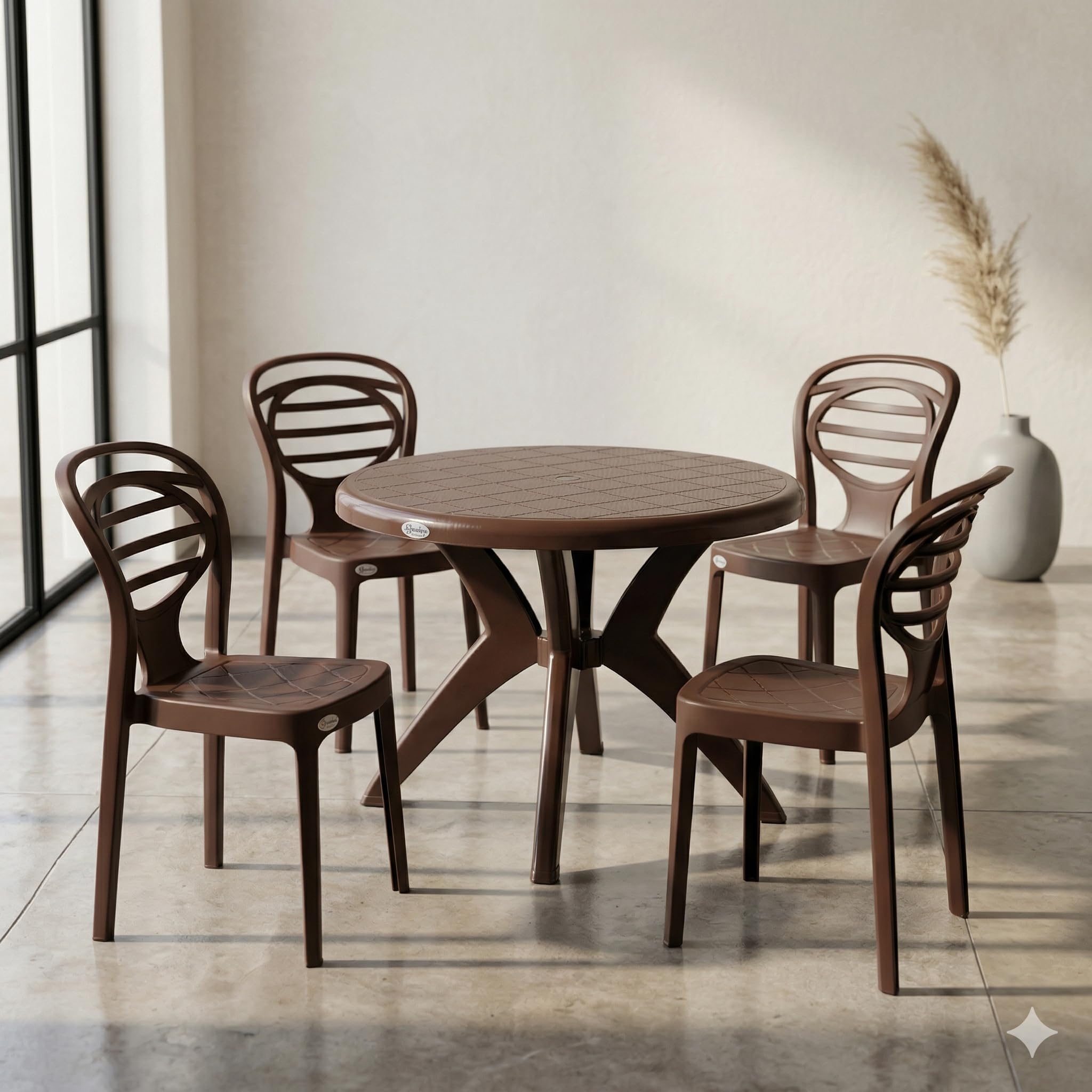 Supreme Oak With Marina Circular Dining Table 4 Seater|Plastic Dining Room Set For Garden/Outdoor & Indoor|1 Dining Table With 4 Chairs-5 Piece|1 Year Warranty(Globus Brown)-image-41