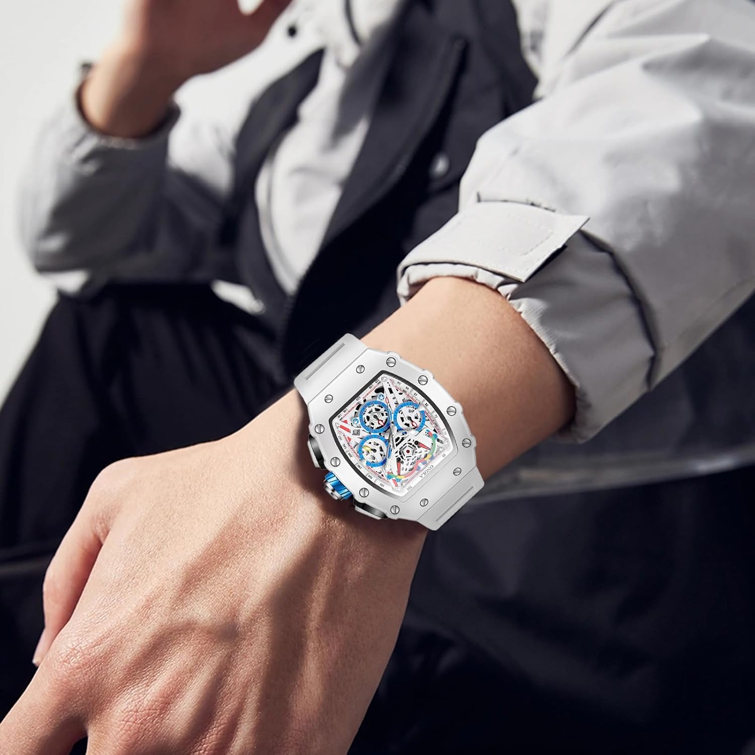 FANMIS Fashion Hollowed Men Watches Tonneau Skeleton Dial Big Face Waterproof Chronograph Fashion Casual Watch with Silicone Strap Multifunctional Outdoor Sports Wristwatch - Image 3