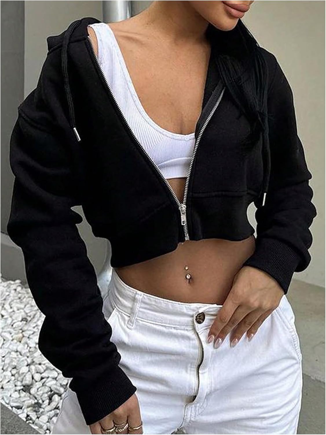 Women's Zip Up Cropped Hoodie Drawstring Long Sleeve Crop Sweatshirts Spring Clothes - Image 3