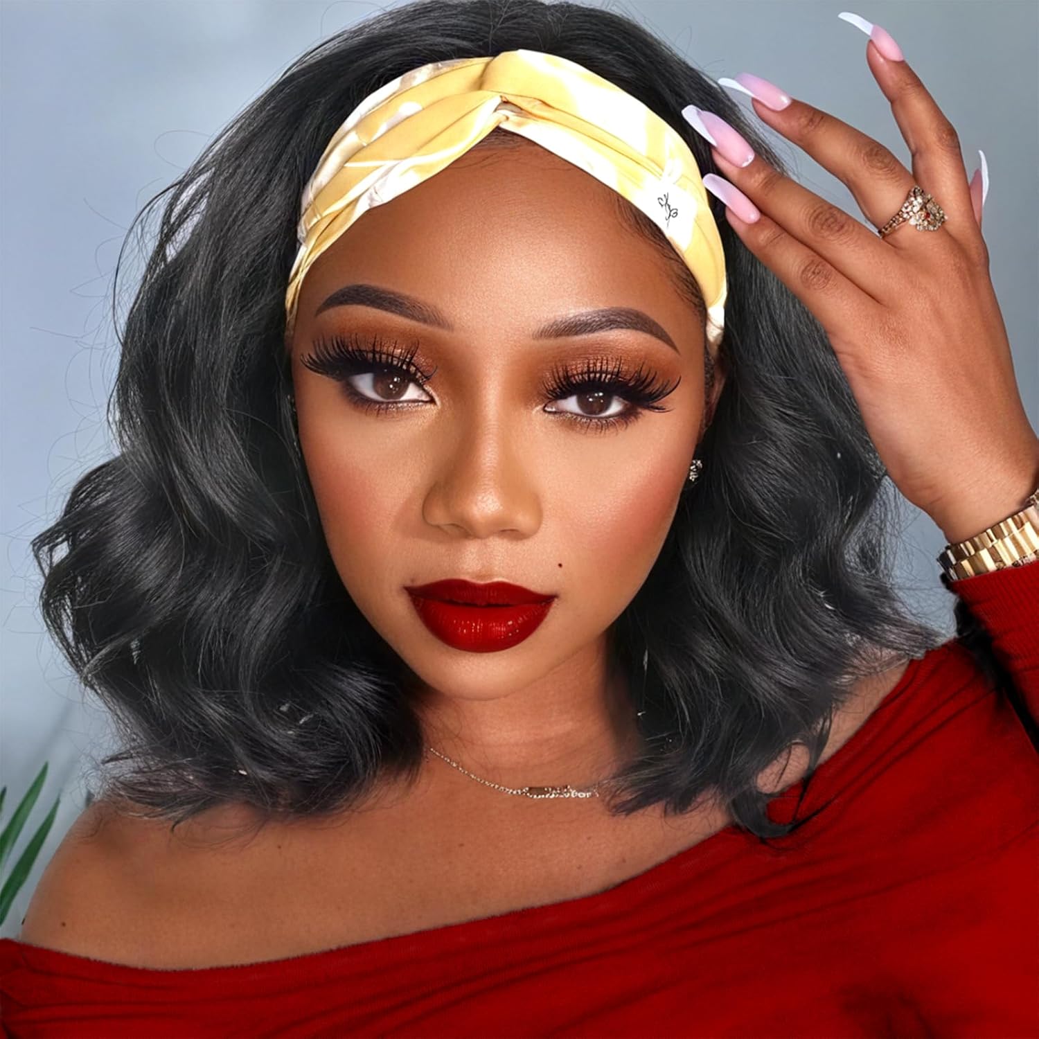 Headband Wig Human Hair Body Wave Headband Wigs None Lace Front Half Wig Glueless Virgin Brazilian Body Wave Machine Made Wigs for Black Women Brazilian Virgin Human Hair 16 Inch Natural Color