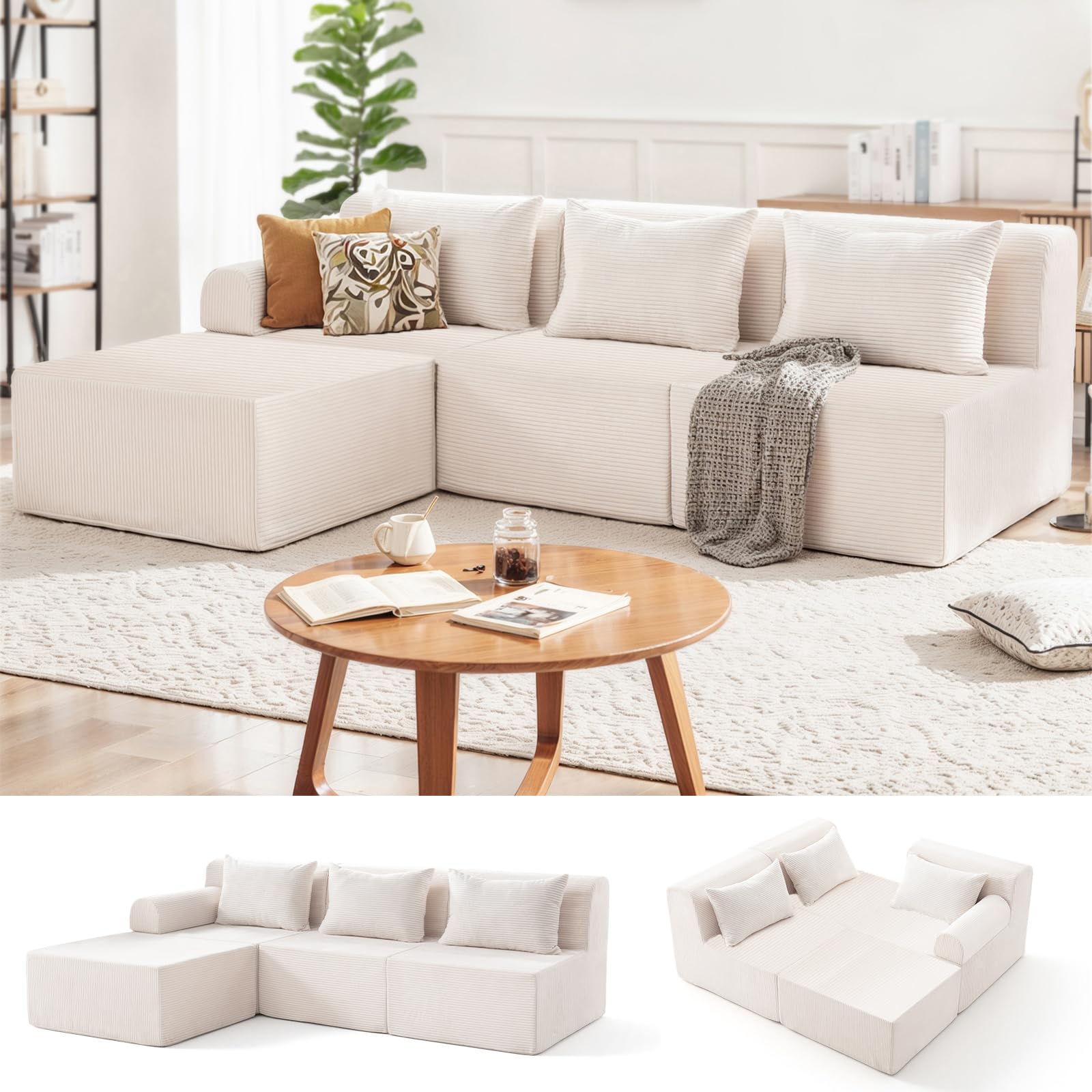 93" sectional couches for living room, modular sectional sofa, cloud couch with l-shape chaise, boneless couches, comfy corduroy fluffy couch with deep seat, no assembly required, beige (chaise only)