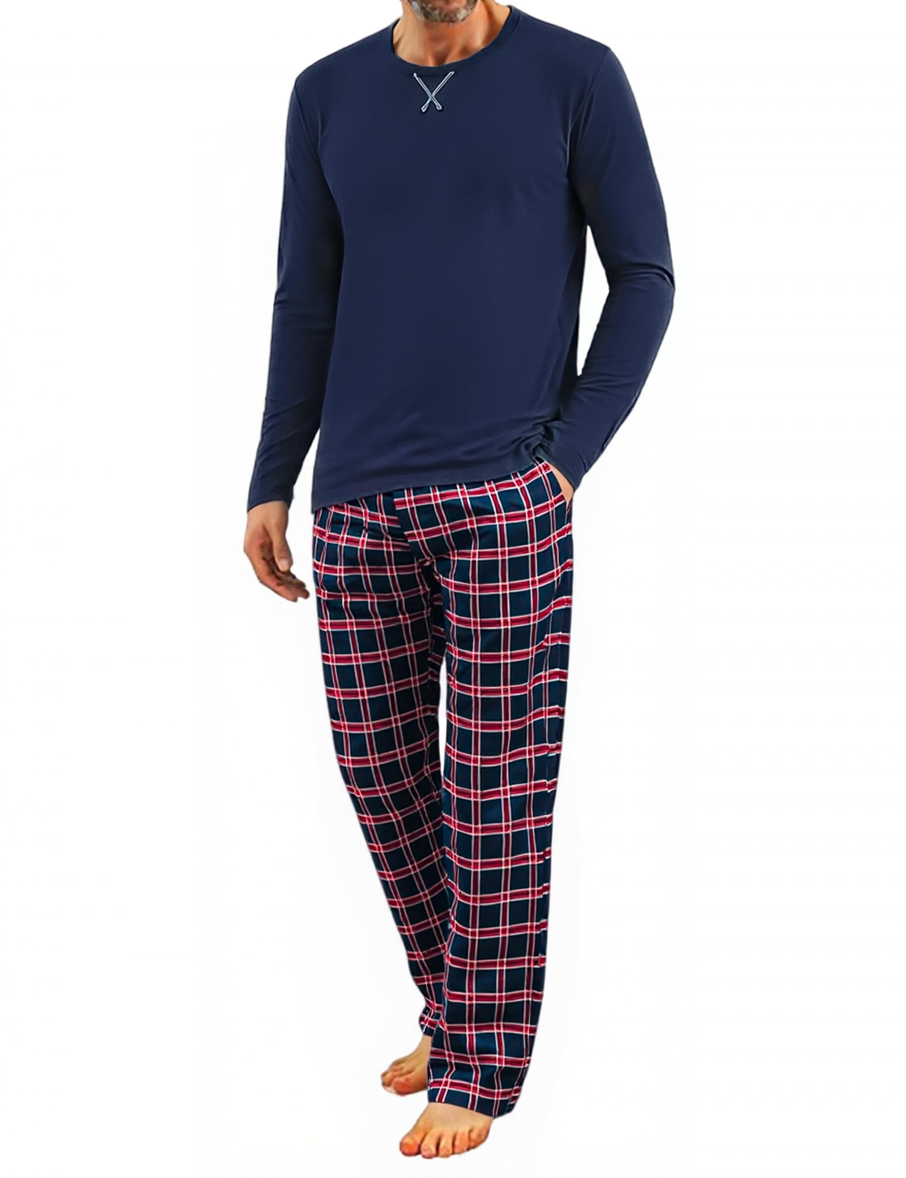 demegimi Men's Long Cotton Pyjamas with Crew Neck and Checked Trousers Loungewear Sleepwear-picture-27