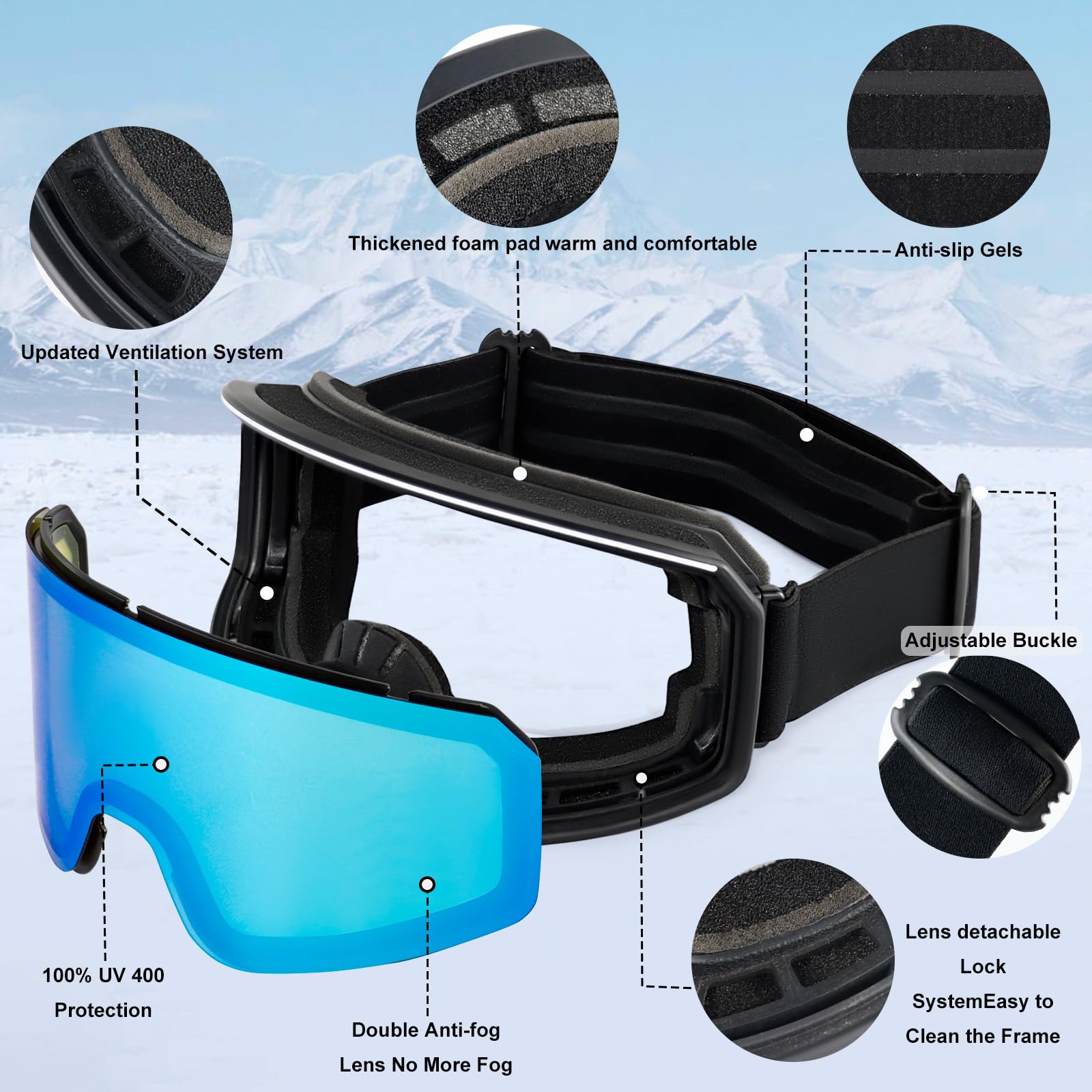 Lunettes de ski OTG pour homme et femme, anti-buée, protection UV, lunettes de planche à neige, ski et motoneige pour adultes et jeunes