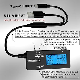 DROK Variable Backlight USB Tester, LCD Display USB C & A Multi Meter, Voltmeter Amp Power Meter Battery Capacity Tester Internal Resistance Battery Level Indicator for Laptop Tablet Phone Power Bank
