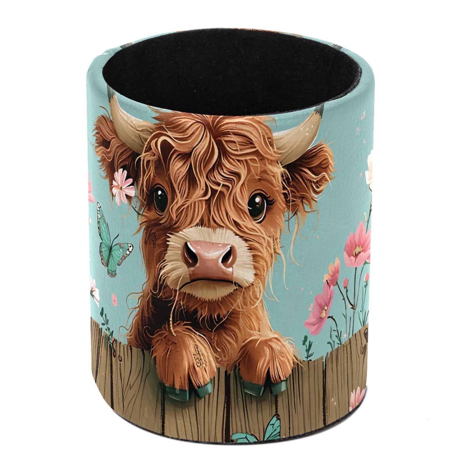 Luoweisi Highland Cow Flloral Pen Holder for Desk, Leather Pen Pot, Desk Pencil Holder Round Makeup Organiser Home Office School Suppliers