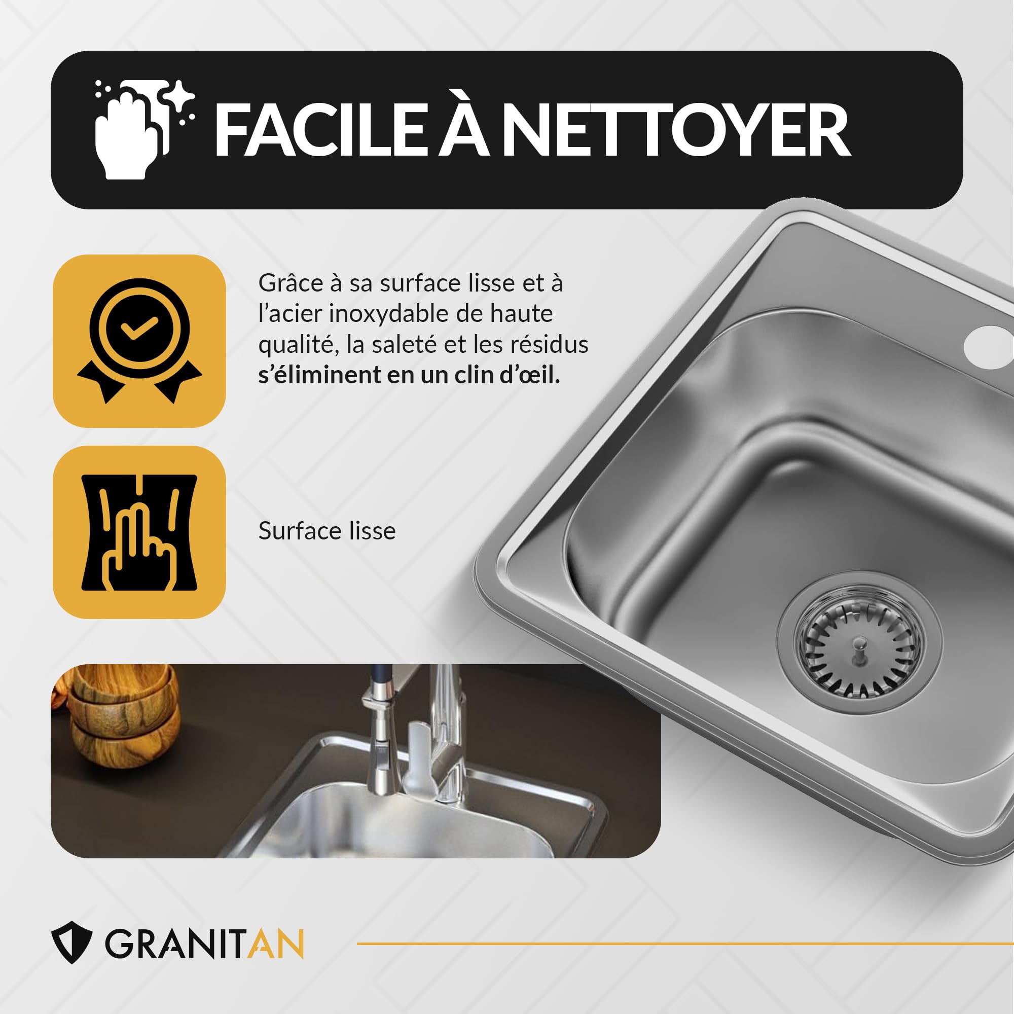 Évier de Cuisine en Acier Inoxydable 38x38 cm avec Siphon - Trou Robinet ⌀ 92 mm - Facile à Encastrer - Satin - GRANITAN