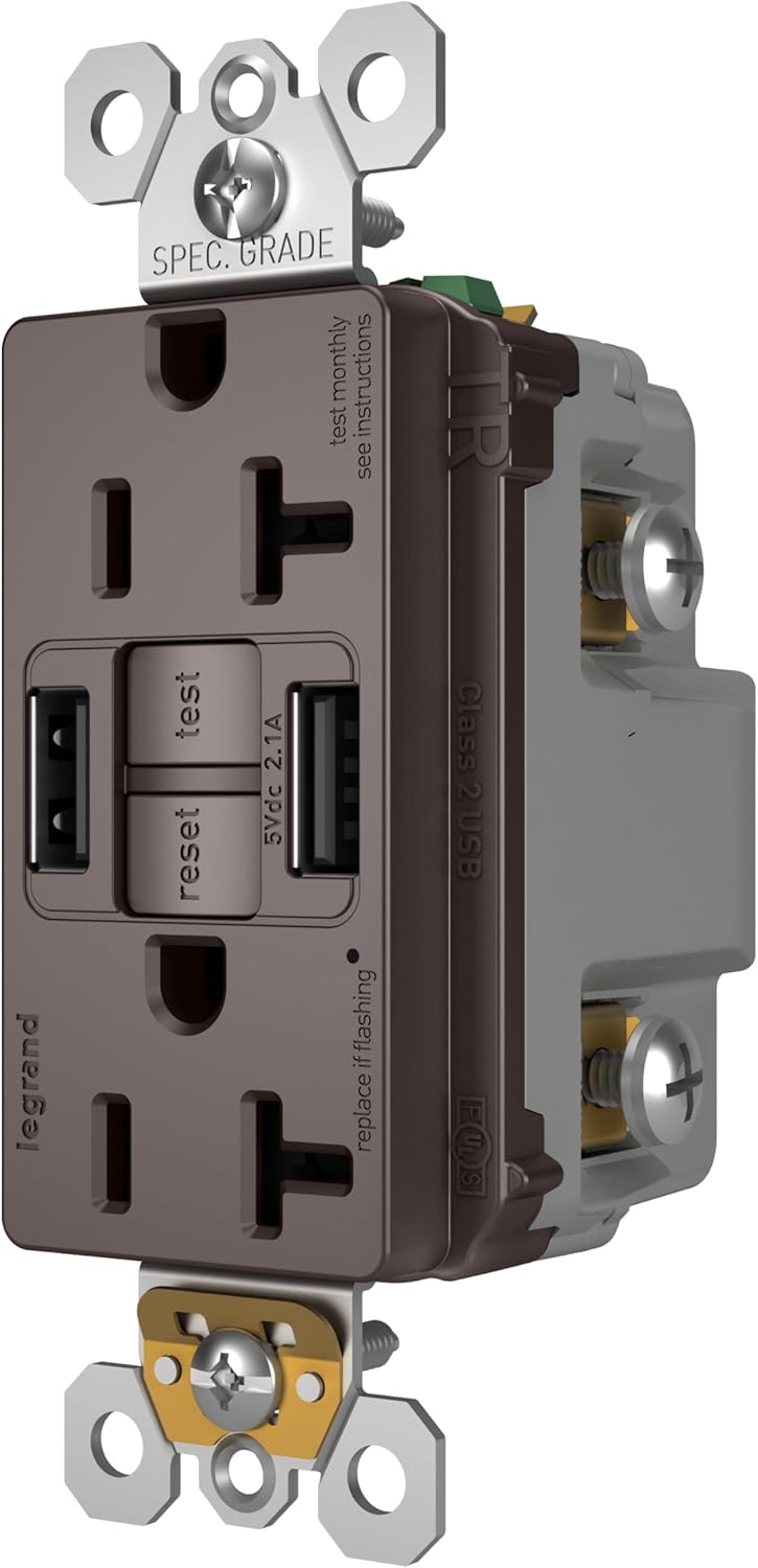 Legrand Pass & Seymour Radiant 20 Amp GFCI Wall Power Outlet with 2.0 Amp USB A/A Charger, Brown