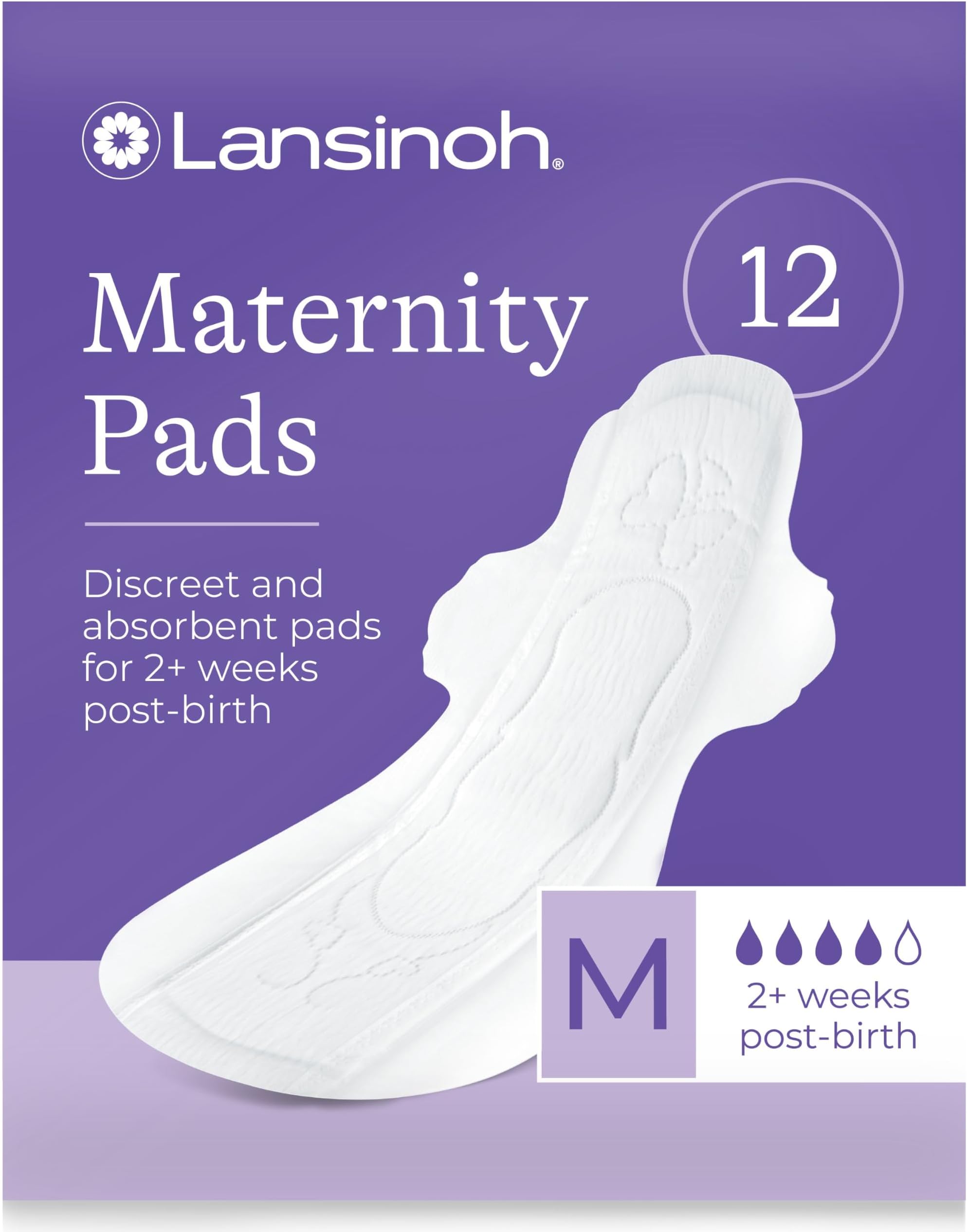 Lansinoh Maternity Pads After Birth Discreet & Absorbent 2+ Weeks Postpartum with Wings - Pack of 12 Extra Long Super Slim Fit Postnatal Fragrance Free Soft Breathable (Packing May Vary)